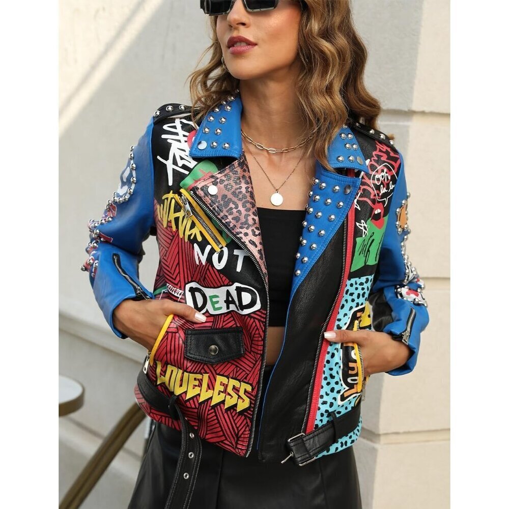 Women Blue Studded Rivet Floral Biker Short Lapel Coat Leather Jacket - Picture 3 of 6